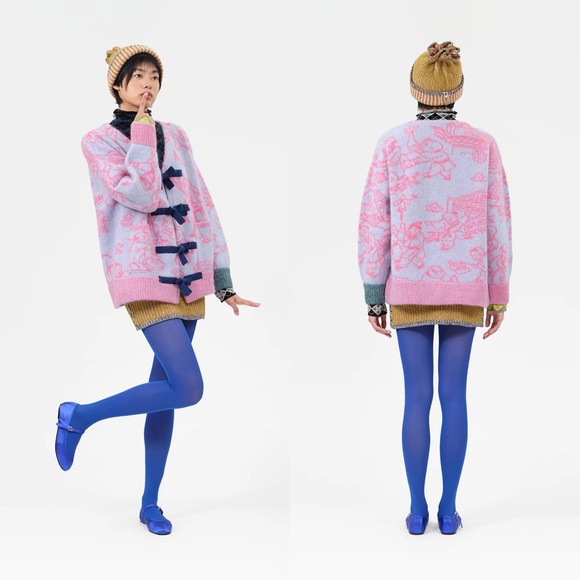 YanYan Fuzzy Laza Cardigan Alpaca Jacquard Oversized Sky Pink Large XL EUC - Picture 9 of 9